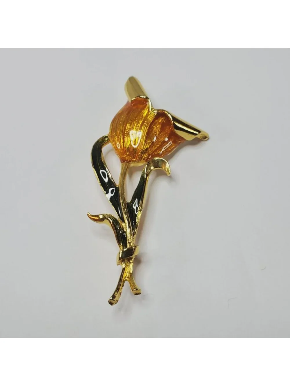 Vintage Gold & Orange Enamel Tulip Flower Brooch Pin 3 inches